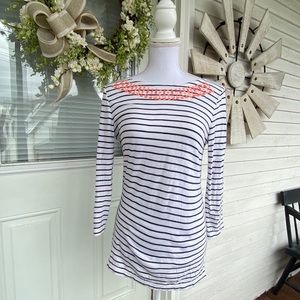 GAP Nautical Blue Striped Top with Beaded Neckline
